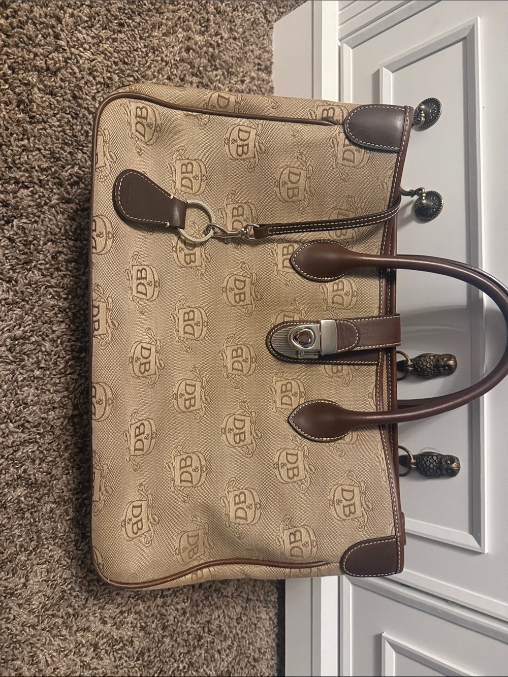 Dooney & Bourke Beige Monogram Satchel with Brown Leather Trim